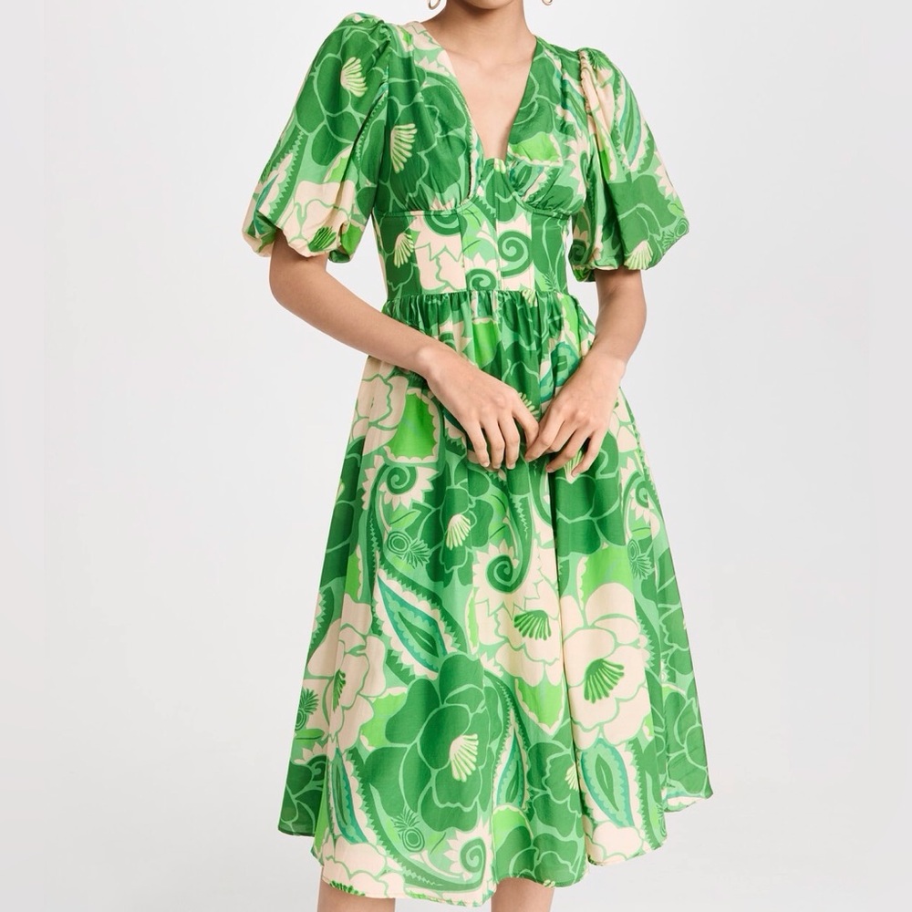 NWT Farm Rio Cotton/Viscose Tropical Groove Bustier Midi Dress w/ Puff Sleeves L